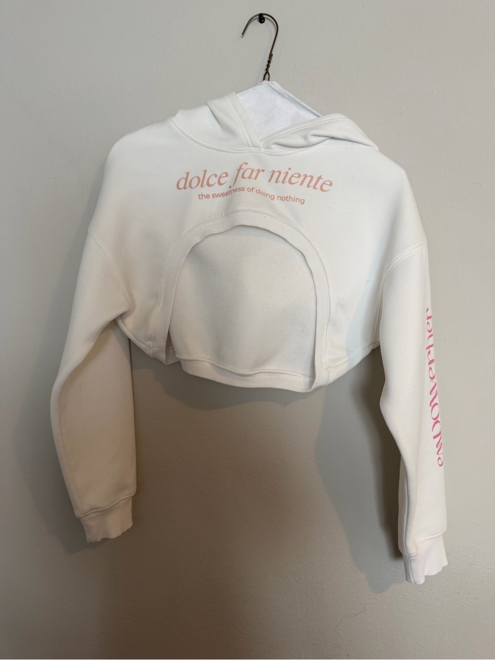 Dolce Far Niente White Cropped Hoodie Sweater with Pink Script